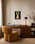 Moon Perch Cat perched ghost cat wall art: unframed print is shown framed for styling in a home office; frame not included