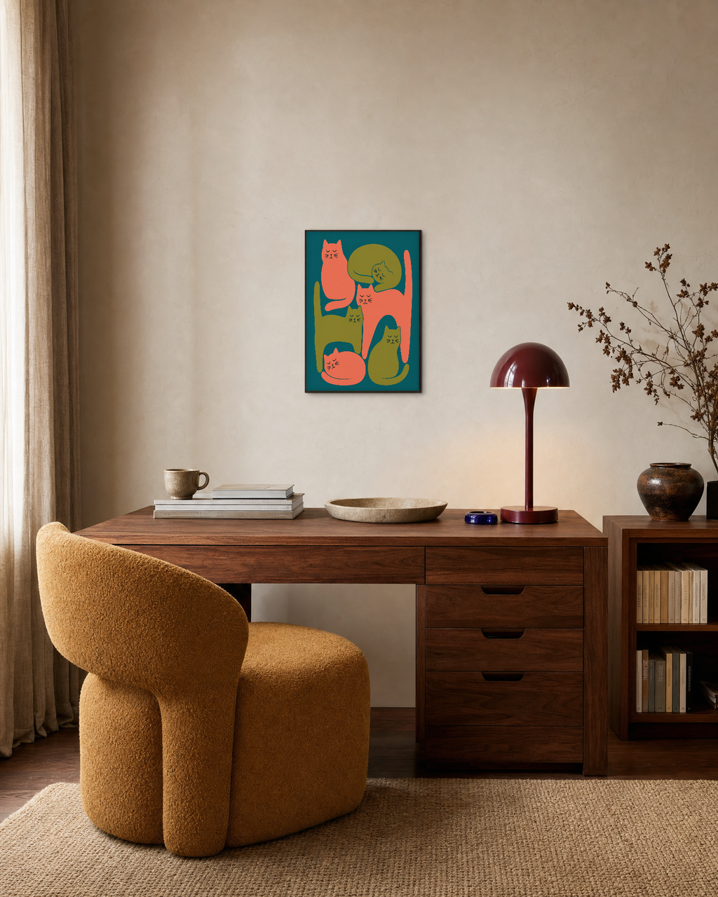 Nap Cats cat art for wall print: unframed print is shown framed for styling in a home office; frame not included