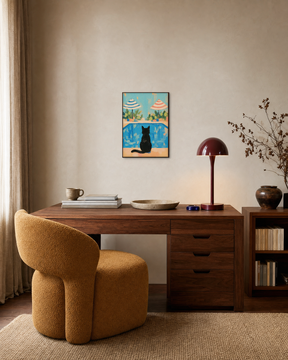 Poolside Cat pool cat print: unframed print is shown framed for styling in a home office; frame not included