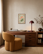 Morning Cats folk art prints: unframed print is shown framed for styling in a home office; frame not included