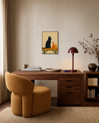 Cat on Harvest Bench unframed print is shown framed for styling in a home office; frame not included
