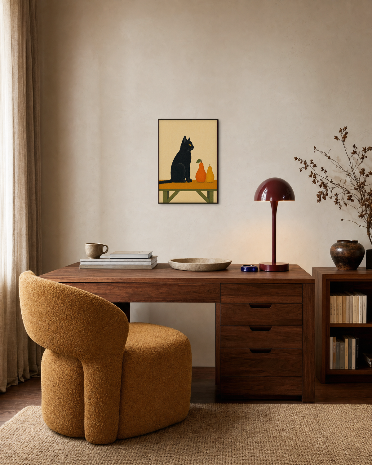 Cat on Harvest Bench unframed print is shown framed for styling in a home office; frame not included