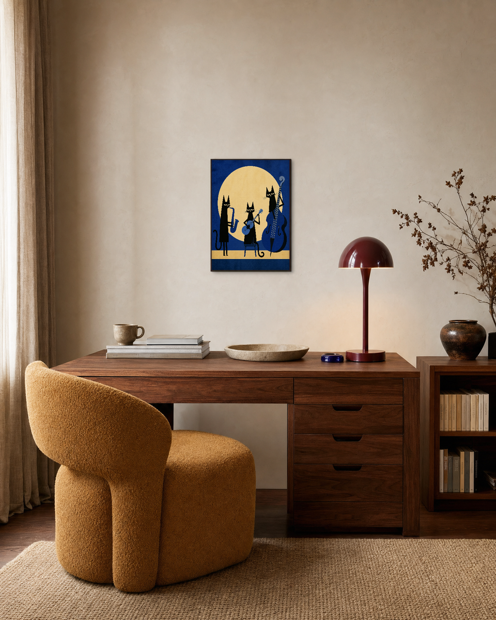 Jazz Cats jazz art prints: unframed print is shown framed for styling in a home office; frame not included
