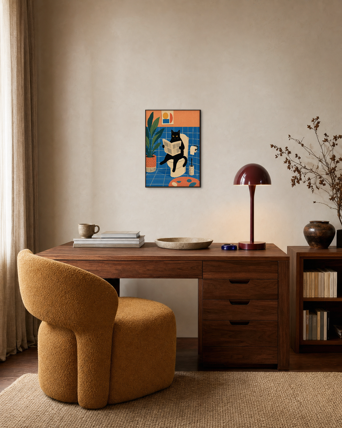 Black Cat Newspaper unframed print is shown framed for styling in a home office; frame not included