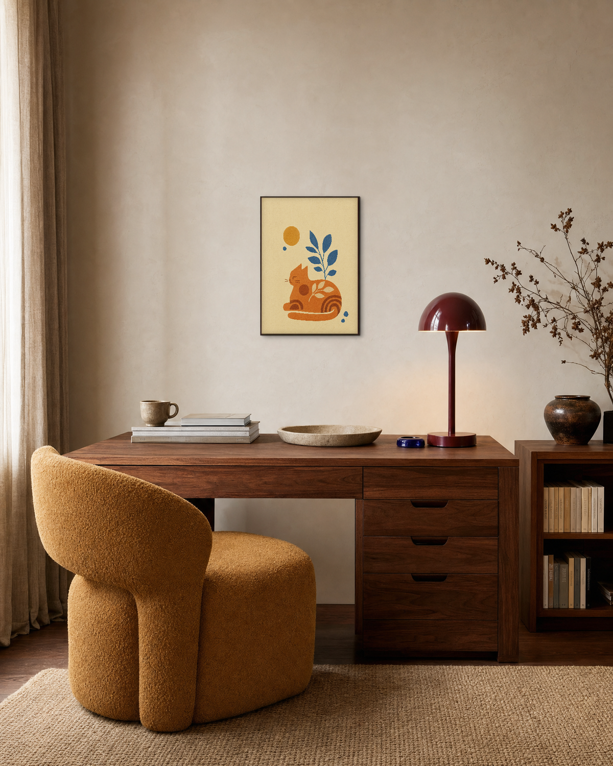 Ochre Sitting Cat unframed print is shown framed for styling in a home office; frame not included
