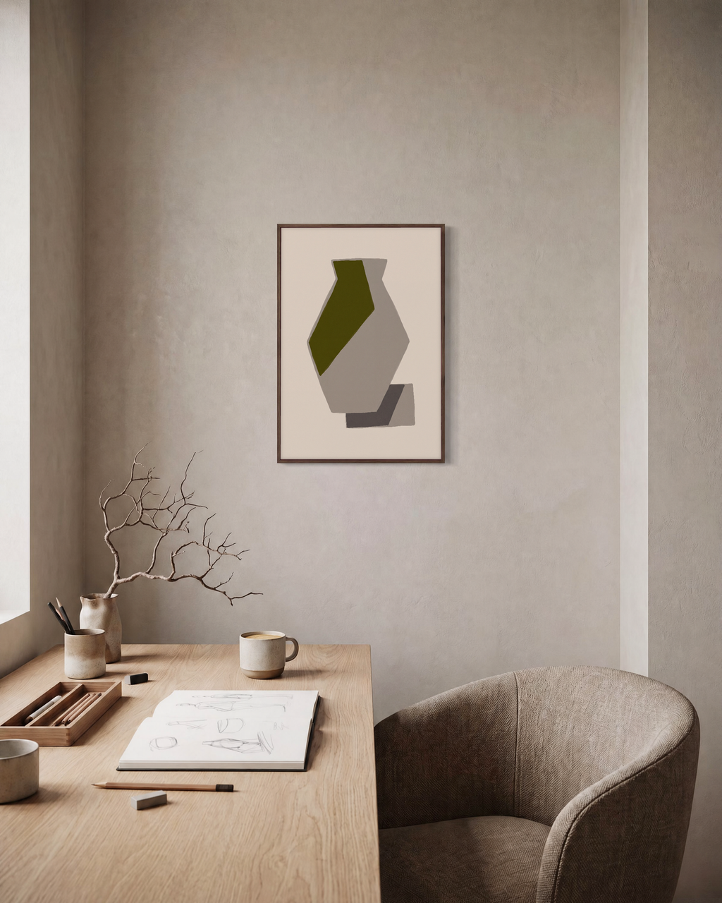 Olive Facet on Taupe Vessel olive green geometric wall art: unframed print is shown framed for styling in a home office; frame not included