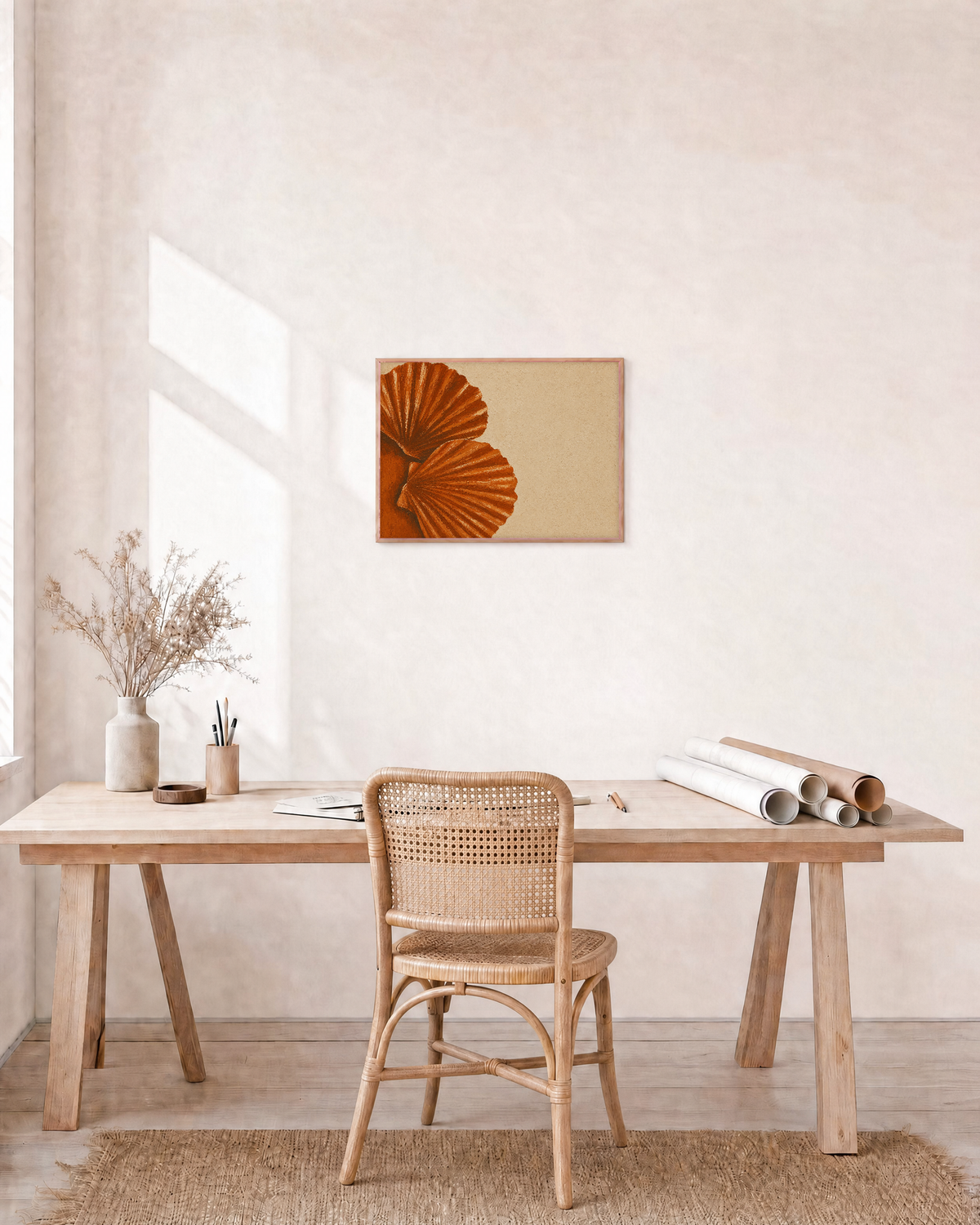 Two Shells From Left unframed print is shown framed for styling in a home office; frame not included