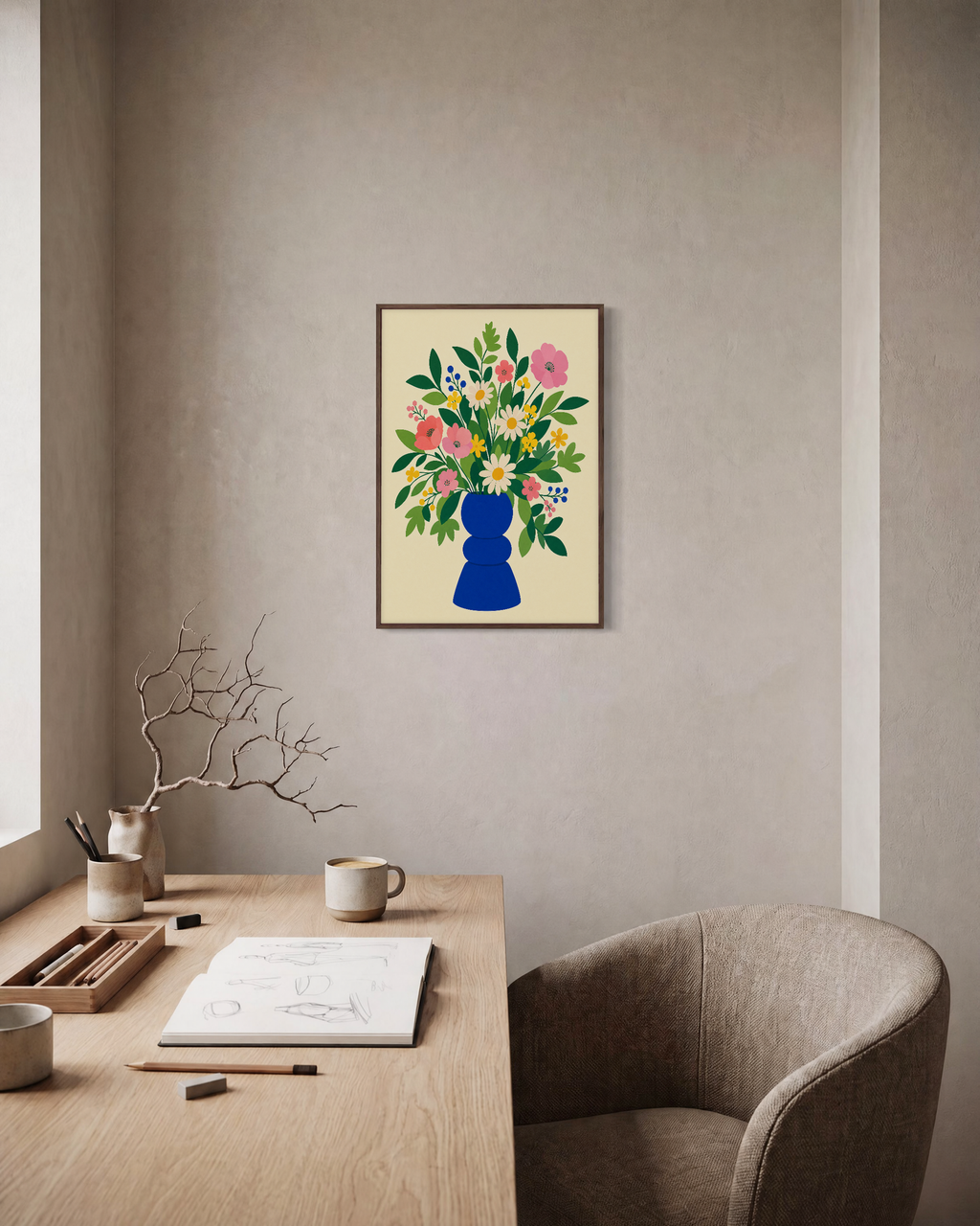 Morning Bouquet flower bouquet wall art: unframed print is shown framed for styling in a home office; frame not included