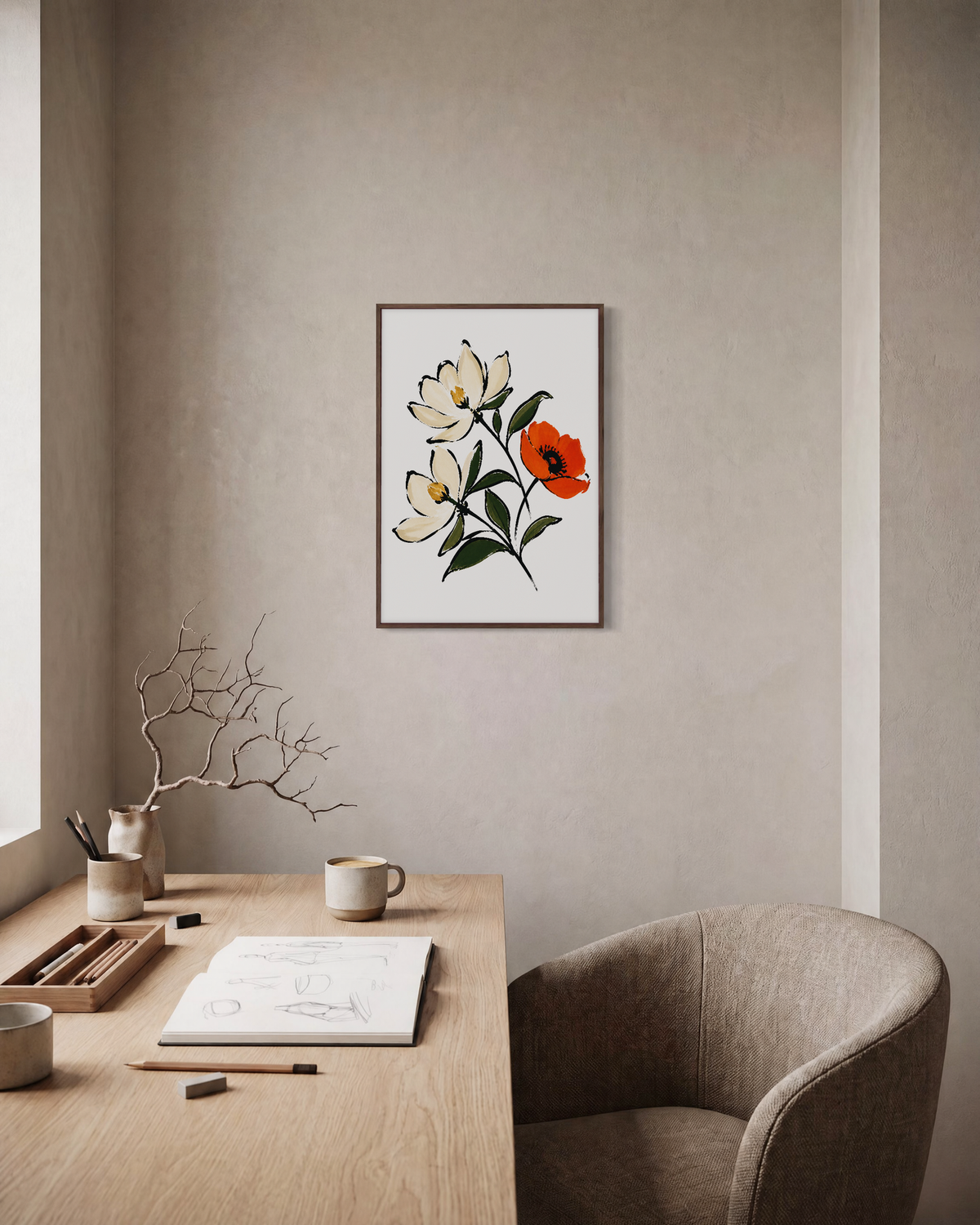Two Magnolias One Rust Poppy unframed print is shown framed for styling in a home office; frame not included
