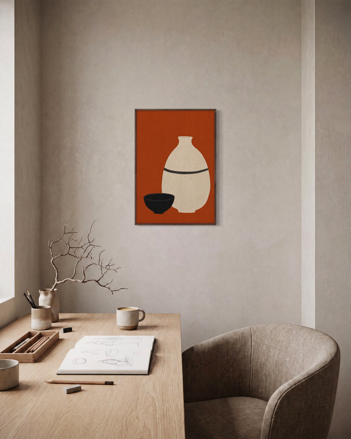 Bottle Hour cream bottle wall art: unframed print is shown framed for styling in a home office; frame not included