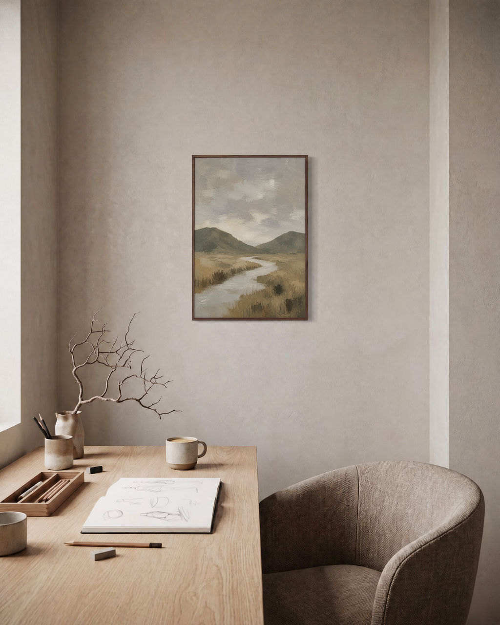 Grey Bend grey stream print: unframed print is shown framed for styling in a home office; frame not included