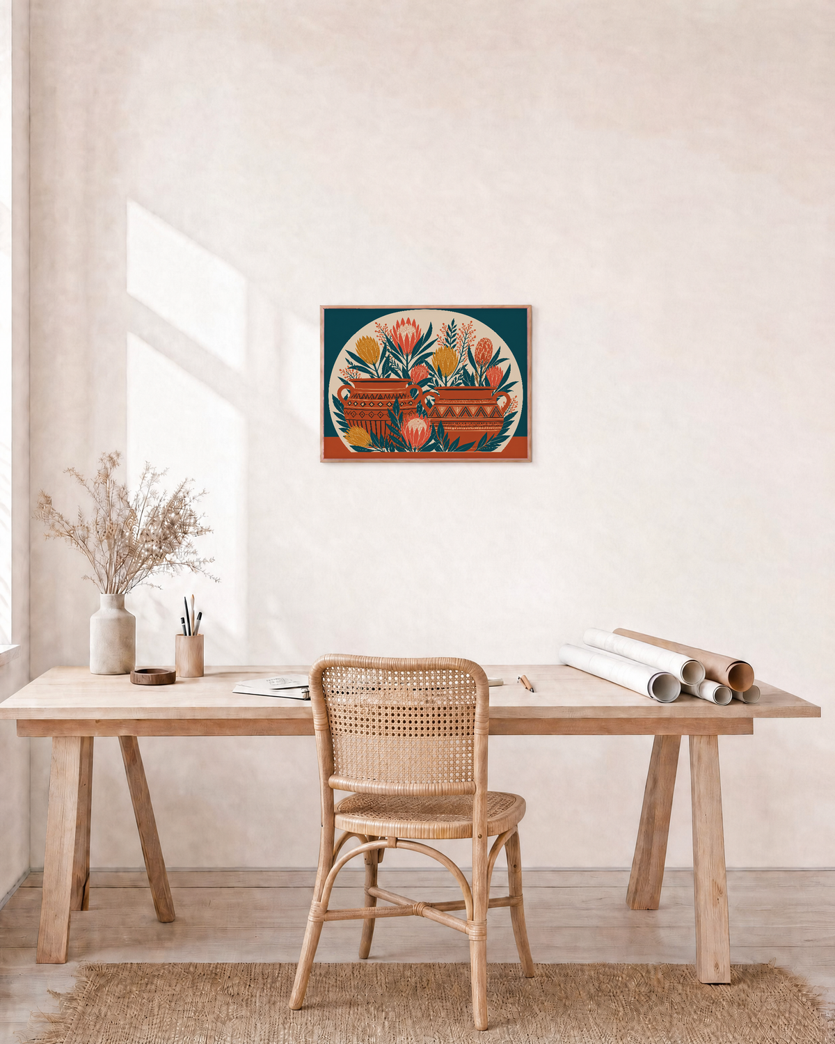 Coral Thicket Vessel Remap unframed print is shown framed for styling in a home office; frame not included