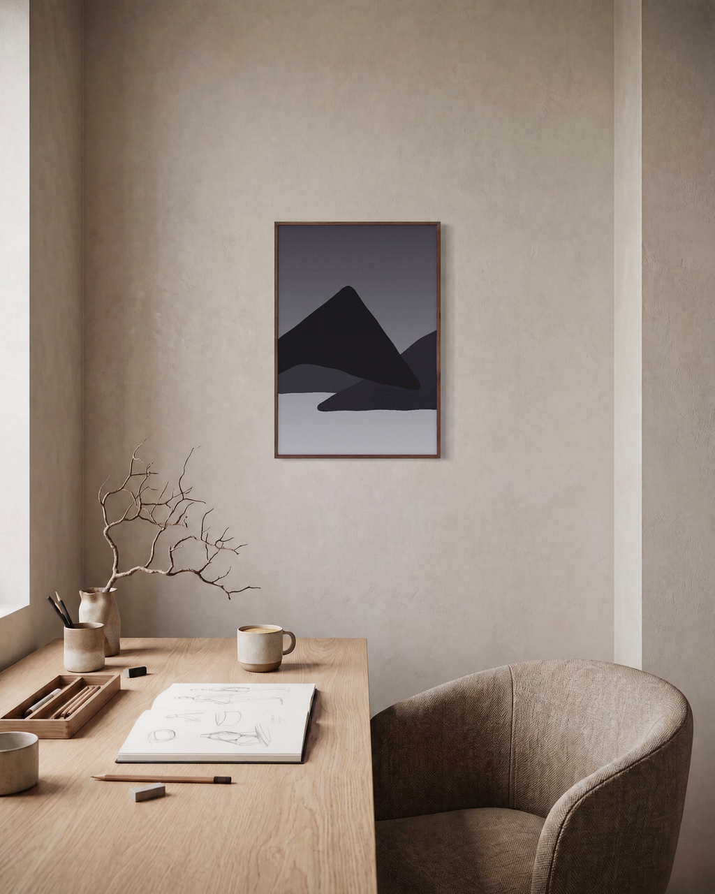 Charcoal Ridges unframed print is shown framed for styling in a home office; frame not included