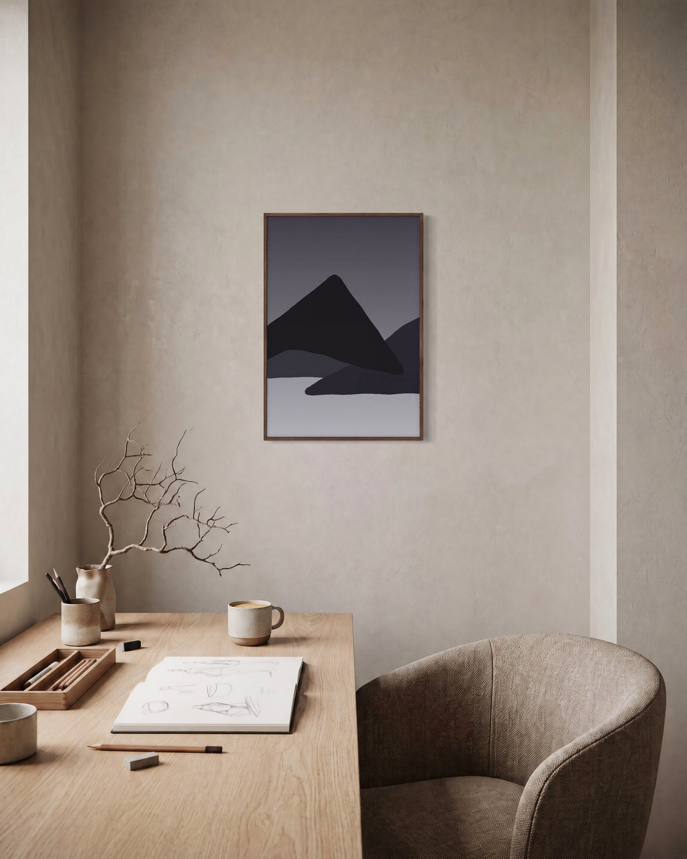 Charcoal Ridges unframed print is shown framed for styling in a home office; frame not included