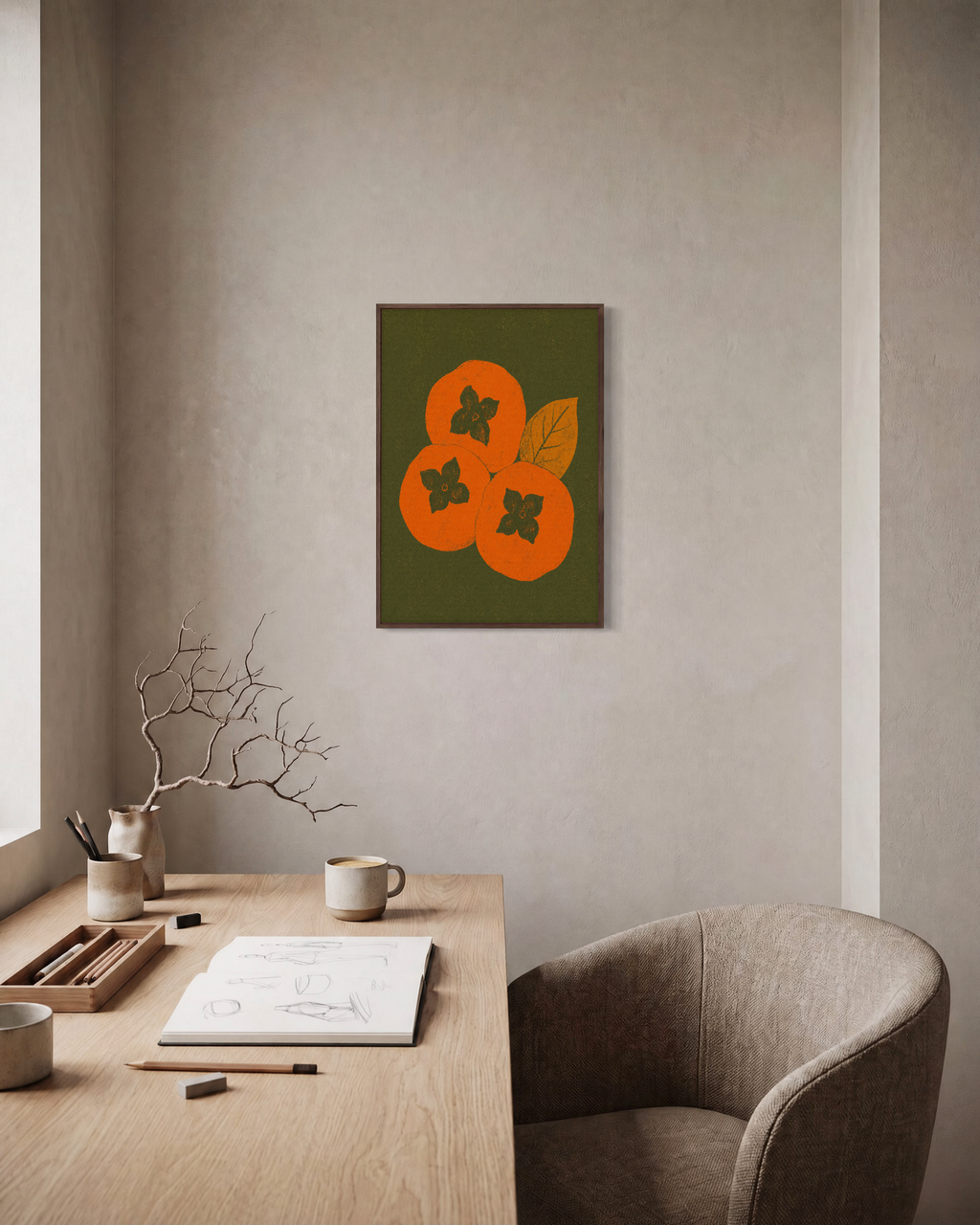Olive Calyx olive persimmon wall art: unframed print is shown framed for styling in a home office; frame not included