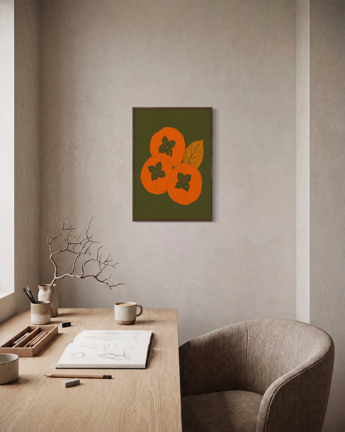 Olive Calyx olive persimmon wall art: unframed print is shown framed for styling in a home office; frame not included