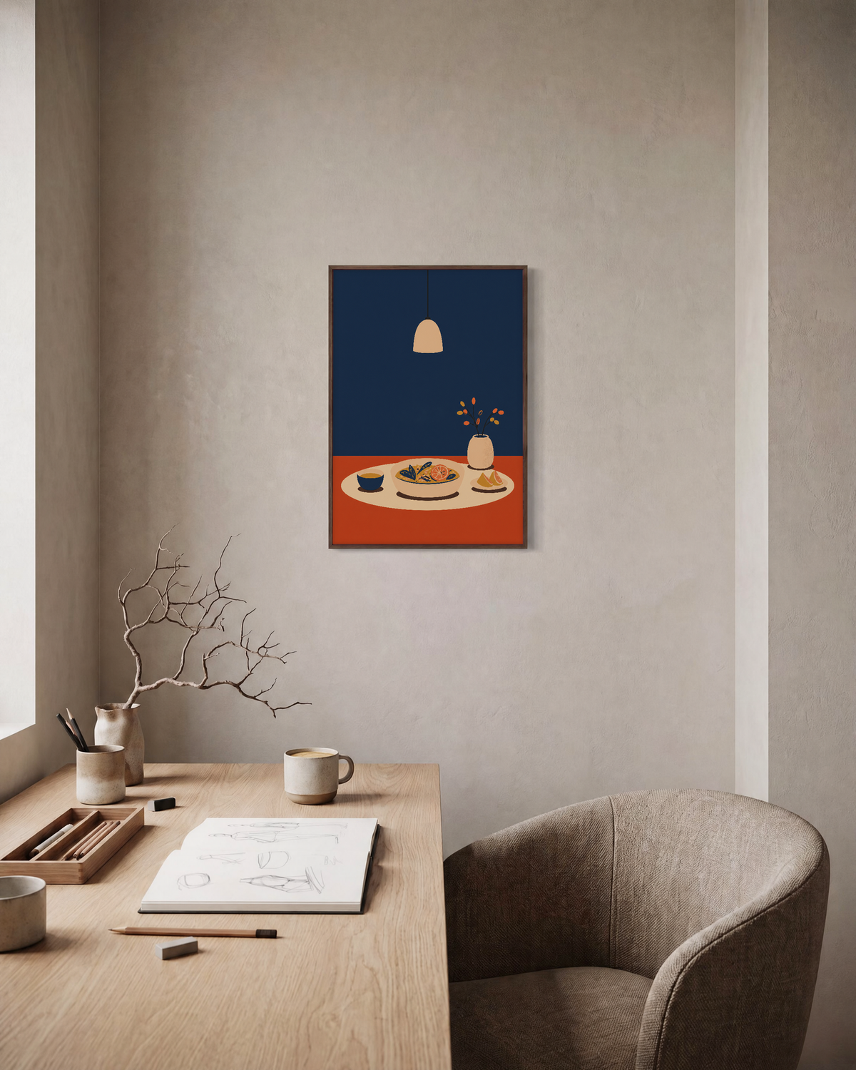 Supper Light dinner table wall art: unframed print is shown framed for styling in a home office; frame not included