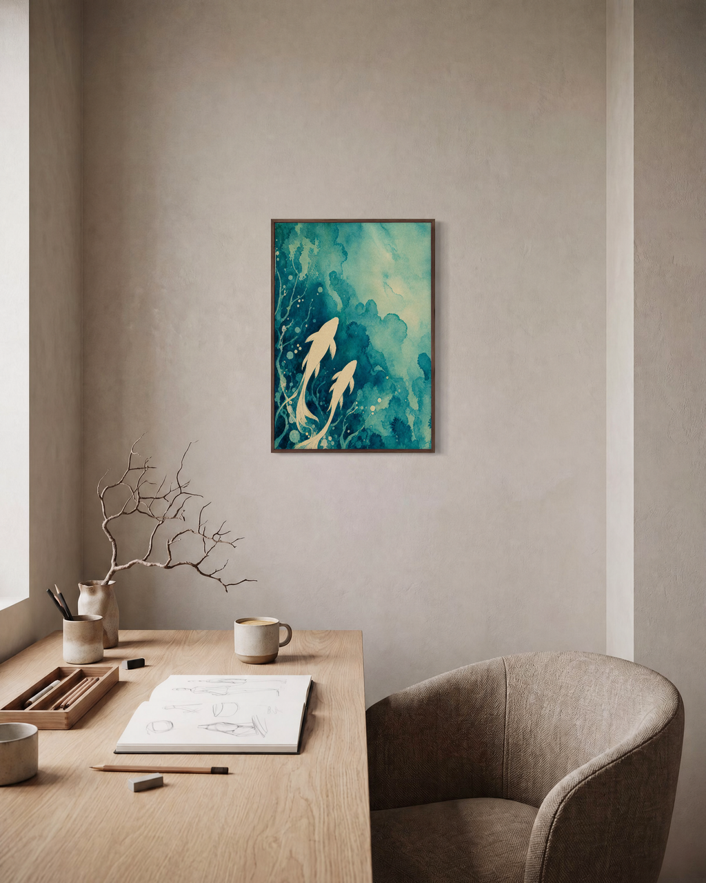 Two Koi Teal Wash unframed print is shown framed for styling in a home office; frame not included