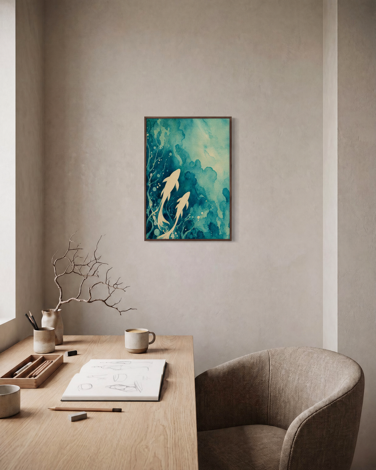Two Koi Teal Wash unframed print is shown framed for styling in a home office; frame not included