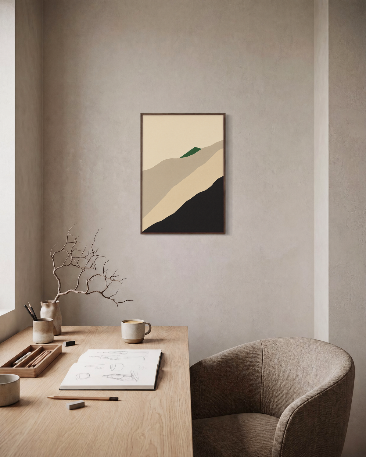 Stacked Neutral Landscape Ridges green geometric wall art: unframed print is shown framed for styling in a home office; frame not included