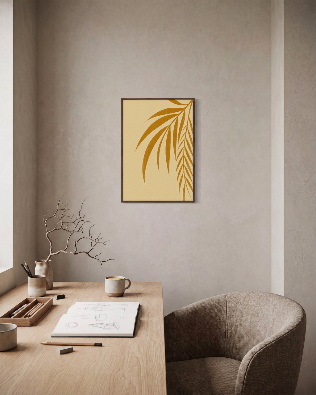 Twin Ochre Blades unframed print is shown framed for styling in a home office; frame not included