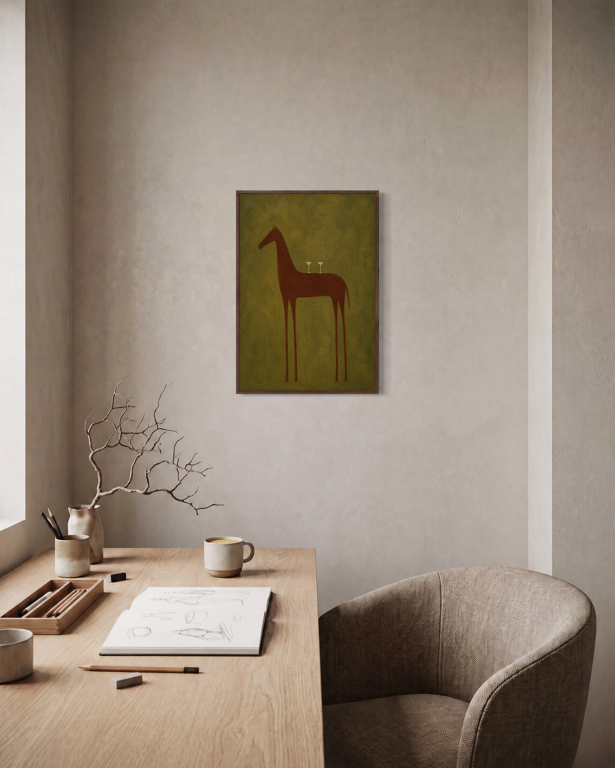 Carrier Horse horse art print: unframed print is shown framed for styling in a home office; frame not included