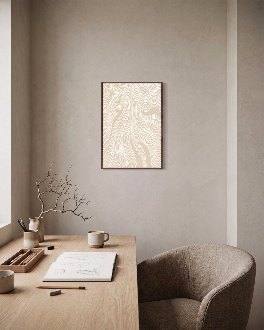 Pale Veins Studio edition unframed print is shown framed for styling in a home office; Frame not included