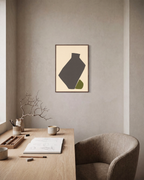 Olive Vessel unframed print is shown framed for styling in a home office; frame not included
