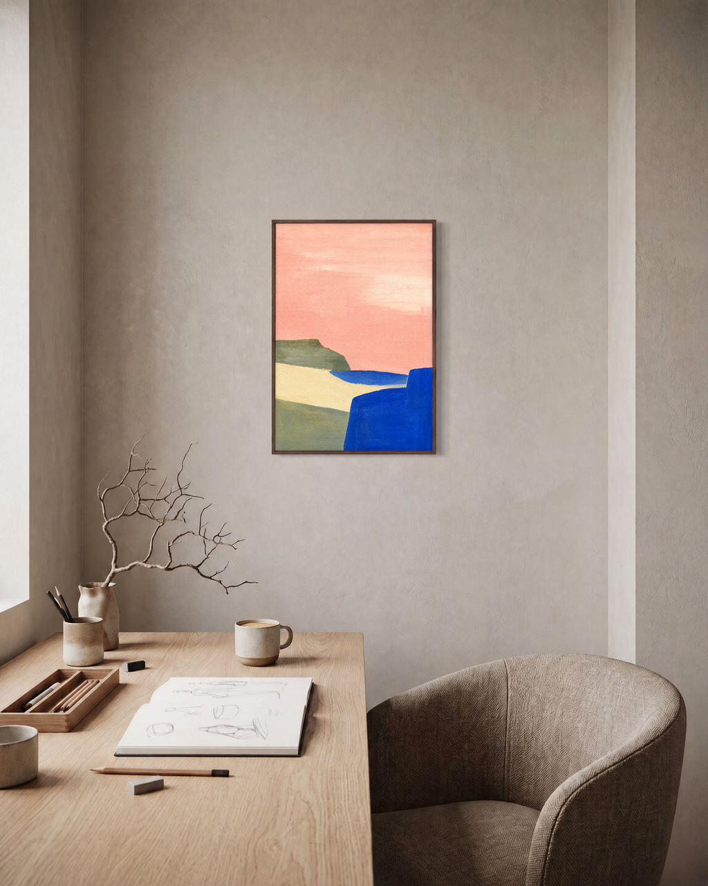 Blue Cliff Pink unframed print is shown framed for styling in a home office; frame not included