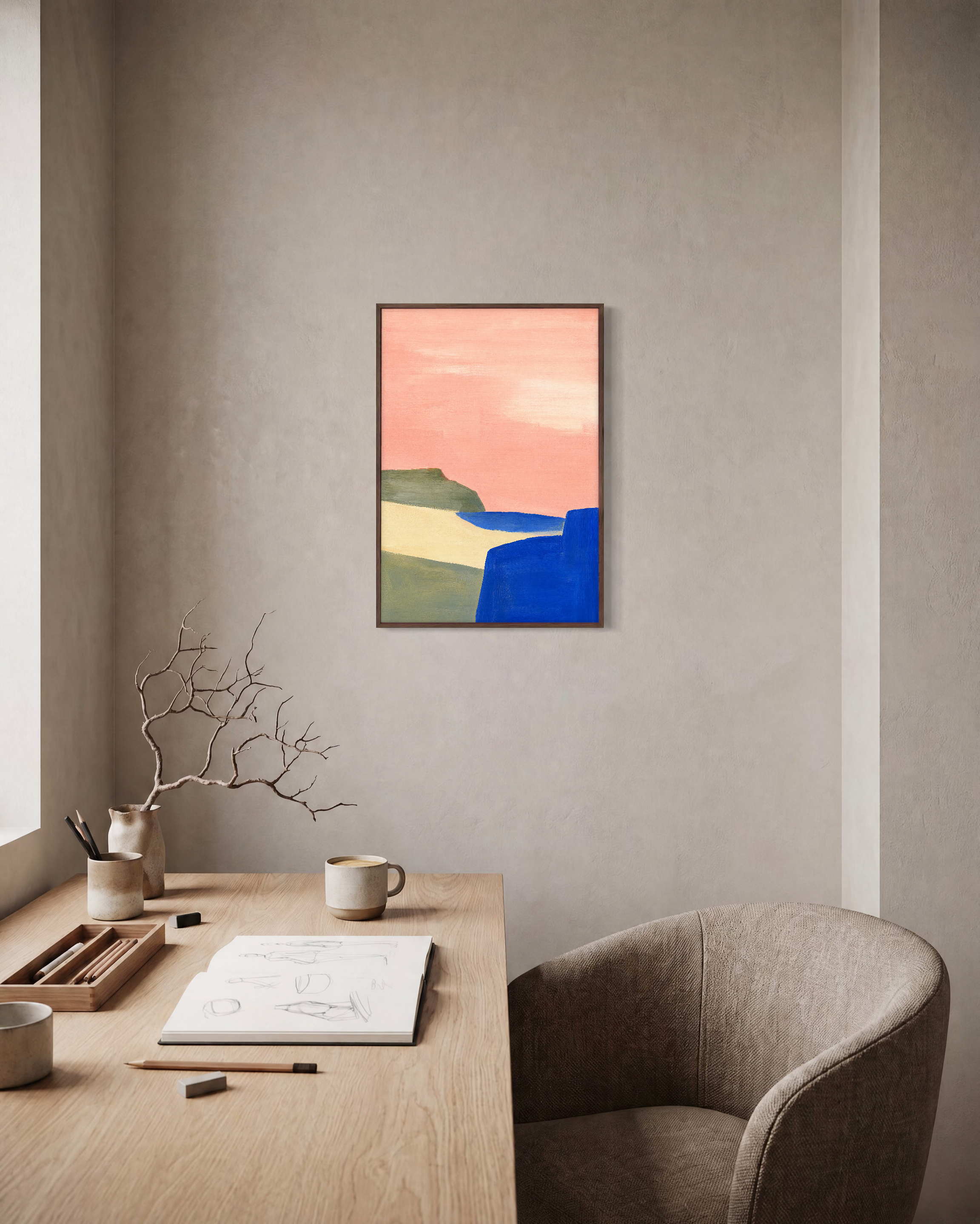 Blue Cliff Pink unframed print is shown framed for styling in a home office; frame not included
