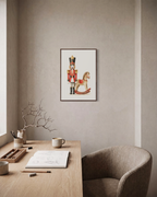Toy Guard rocking horse print: unframed print is shown framed for styling in a home office; frame not included