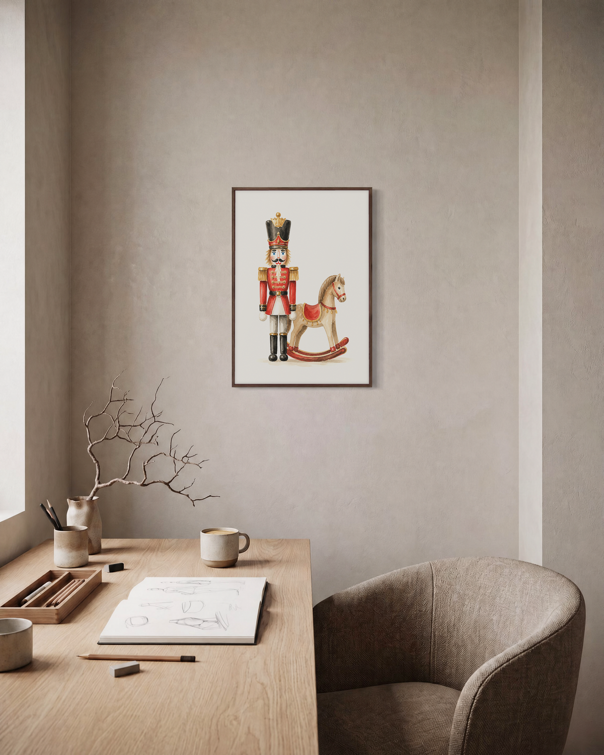 Toy Guard rocking horse print: unframed print is shown framed for styling in a home office; frame not included