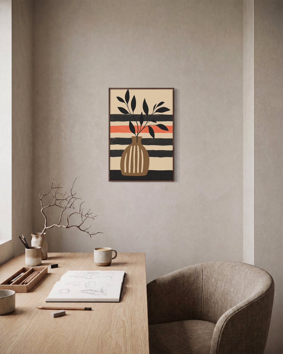 Branch Hour stripe vase wall art: unframed print is shown framed for styling in a home office; frame not included