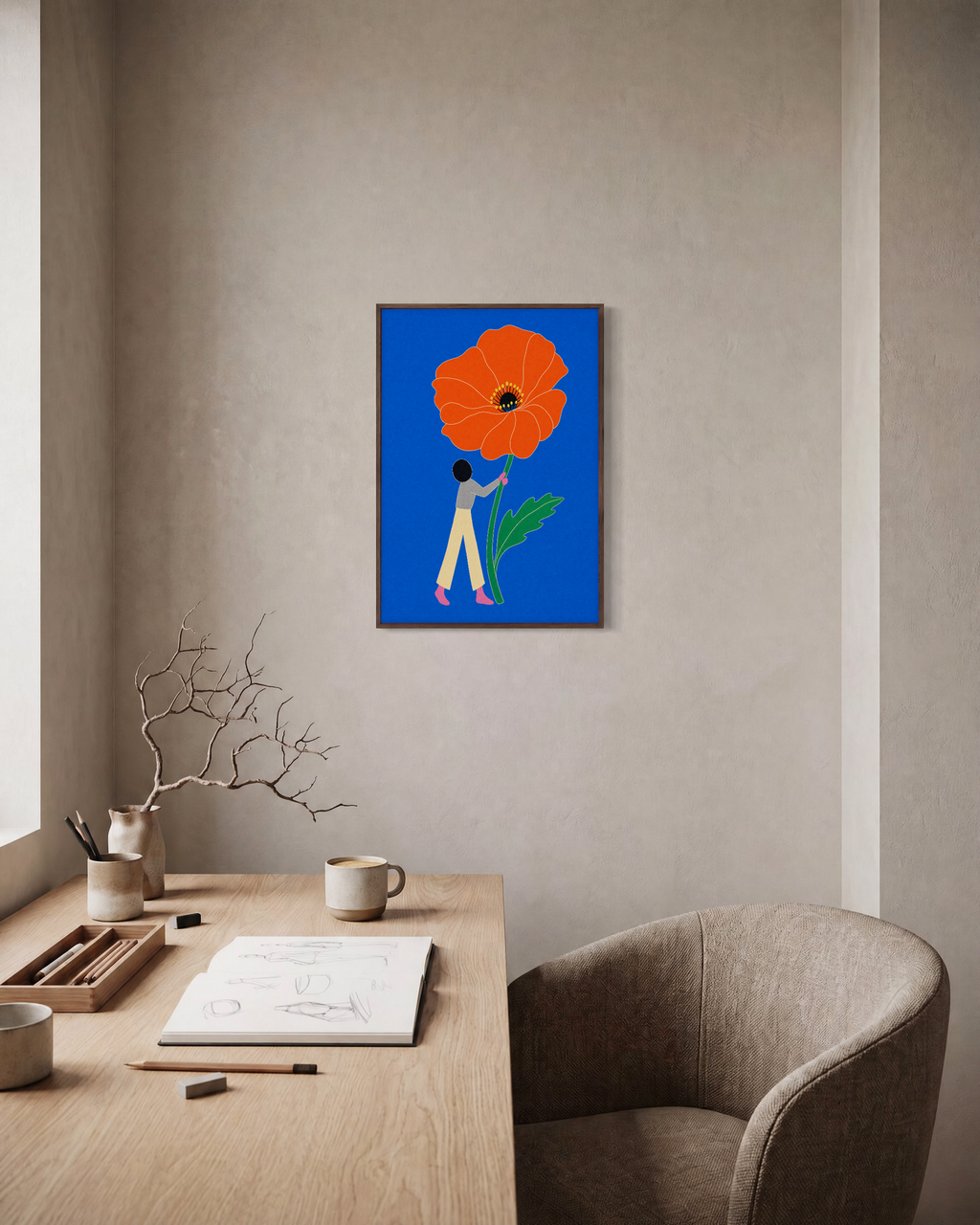 Poppy Bearer poppy prints: unframed print is shown framed for styling in a home office; frame not included