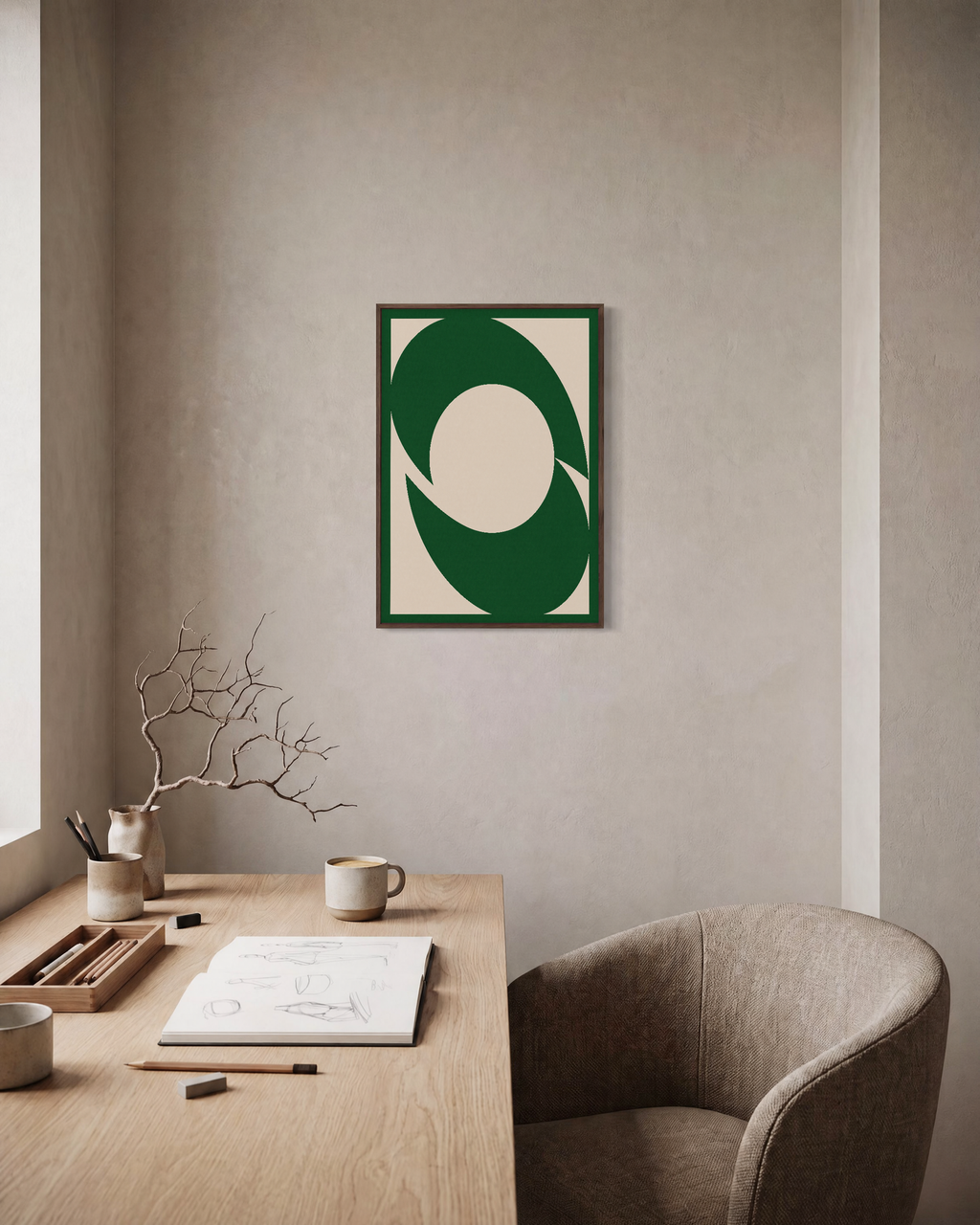 Two Green Arcs One Disk unframed print is shown framed for styling in a home office; frame not included