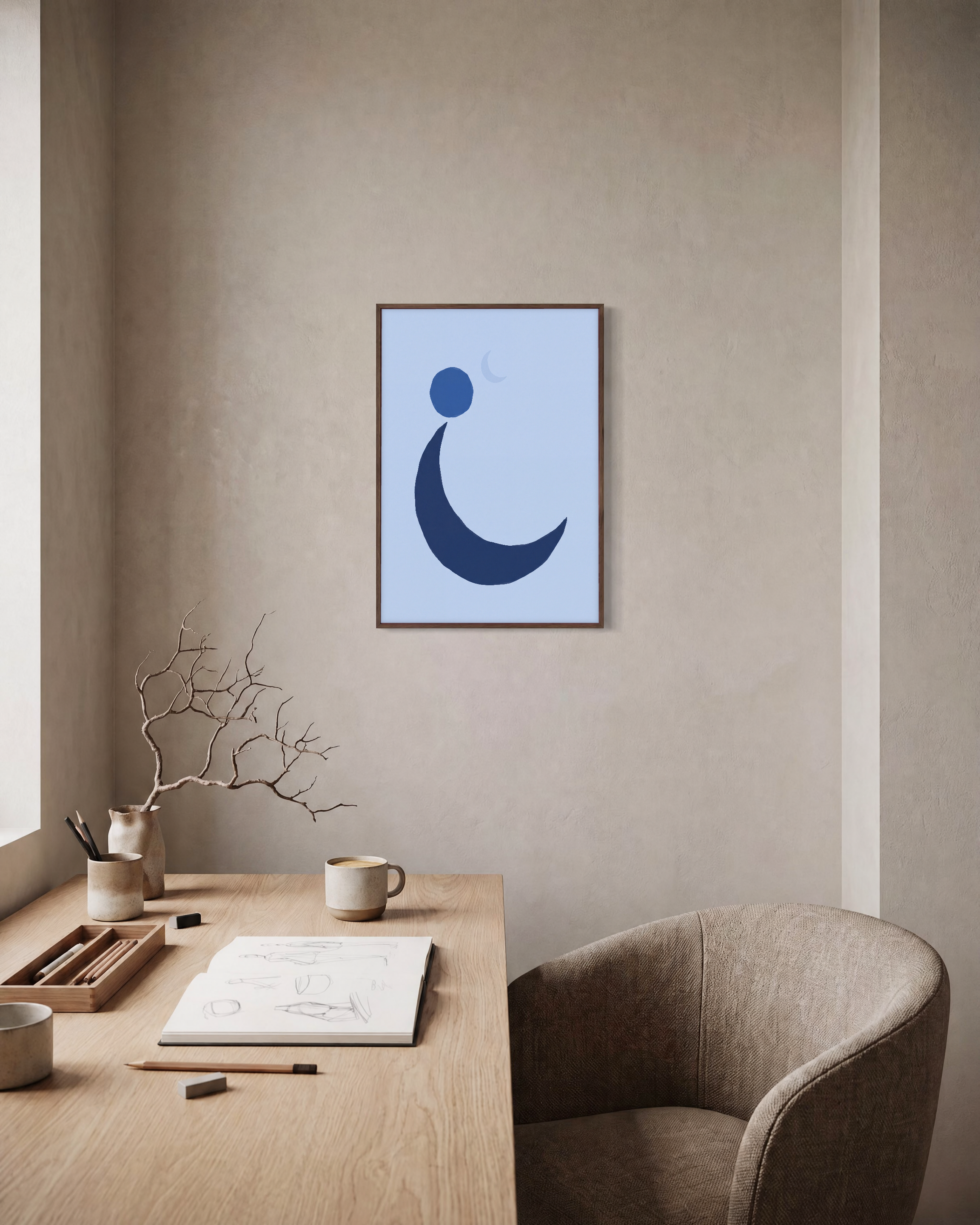 Blue Crescent unframed print is shown framed for styling in a home office; frame not included