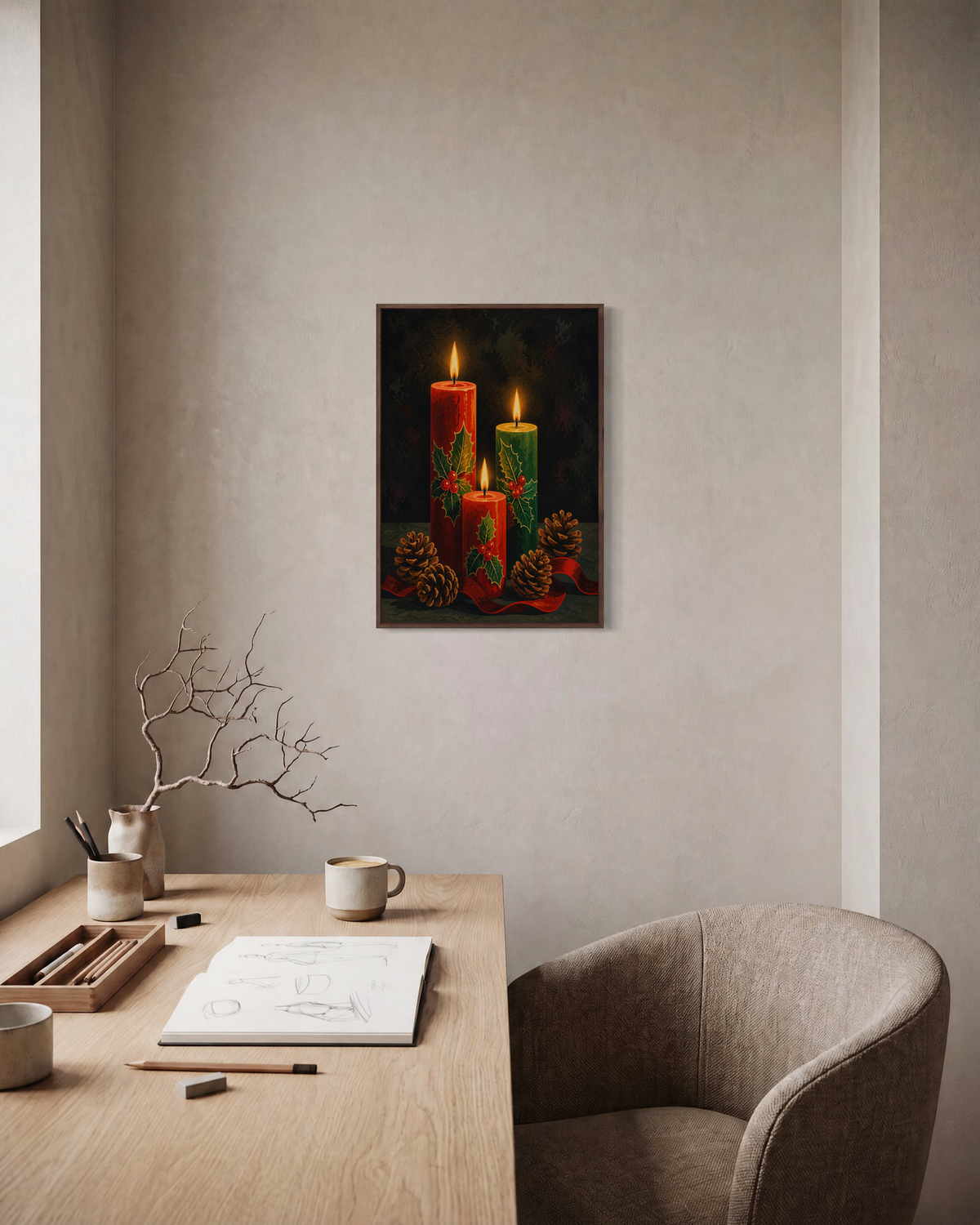Advent Candles holly candle print: unframed print is shown framed for styling in a home office; frame not included