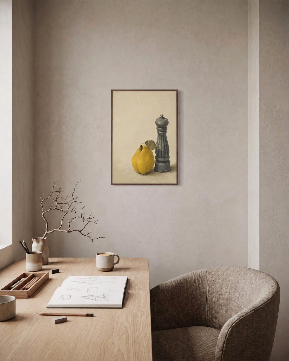 Pewter Mill Quince unframed print is shown framed for styling in a home office; frame not included