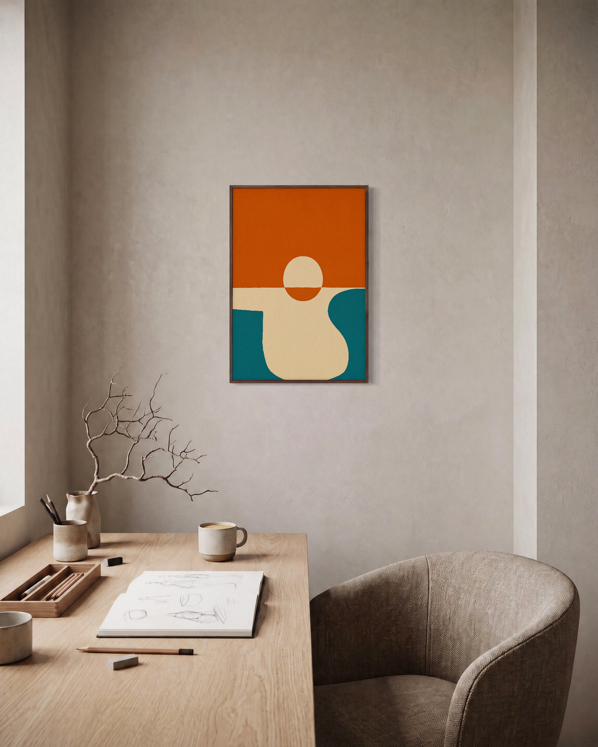 Central Circle and Orange Ground circle and line composition wall art print: unframed print is shown framed for styling in a home office; frame not included
