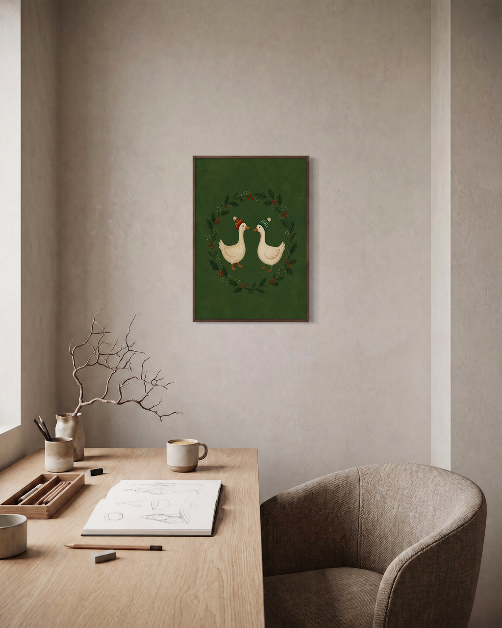 Holiday Geese holly geese print: unframed print is shown framed for styling in a home office; frame not included