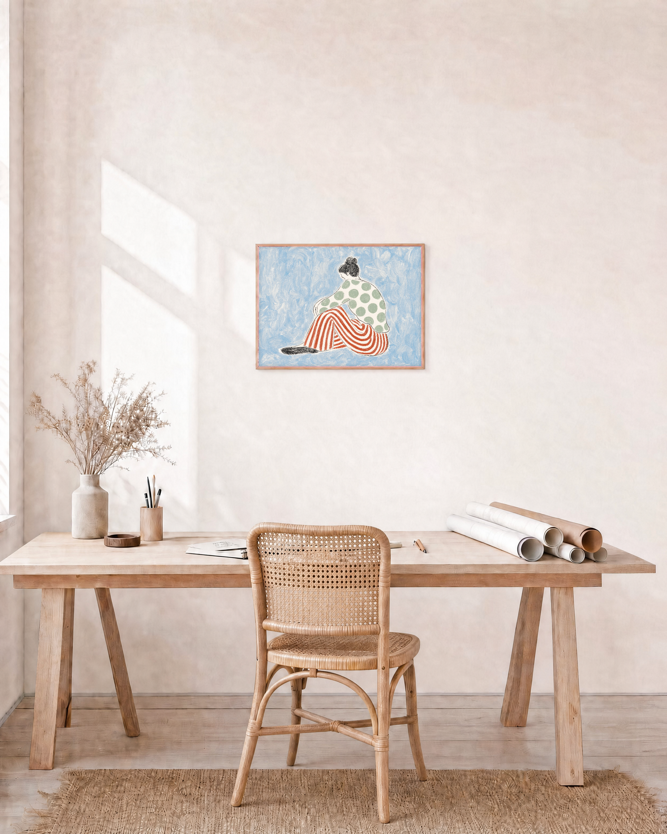 Wide Step Press edition unframed print is shown framed for styling in a home office; Frame not included