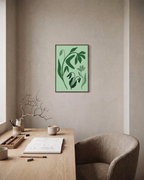 Drooping Green Flower Stems green wildflower wall art print: unframed print is shown framed for styling in a home office; frame not included
