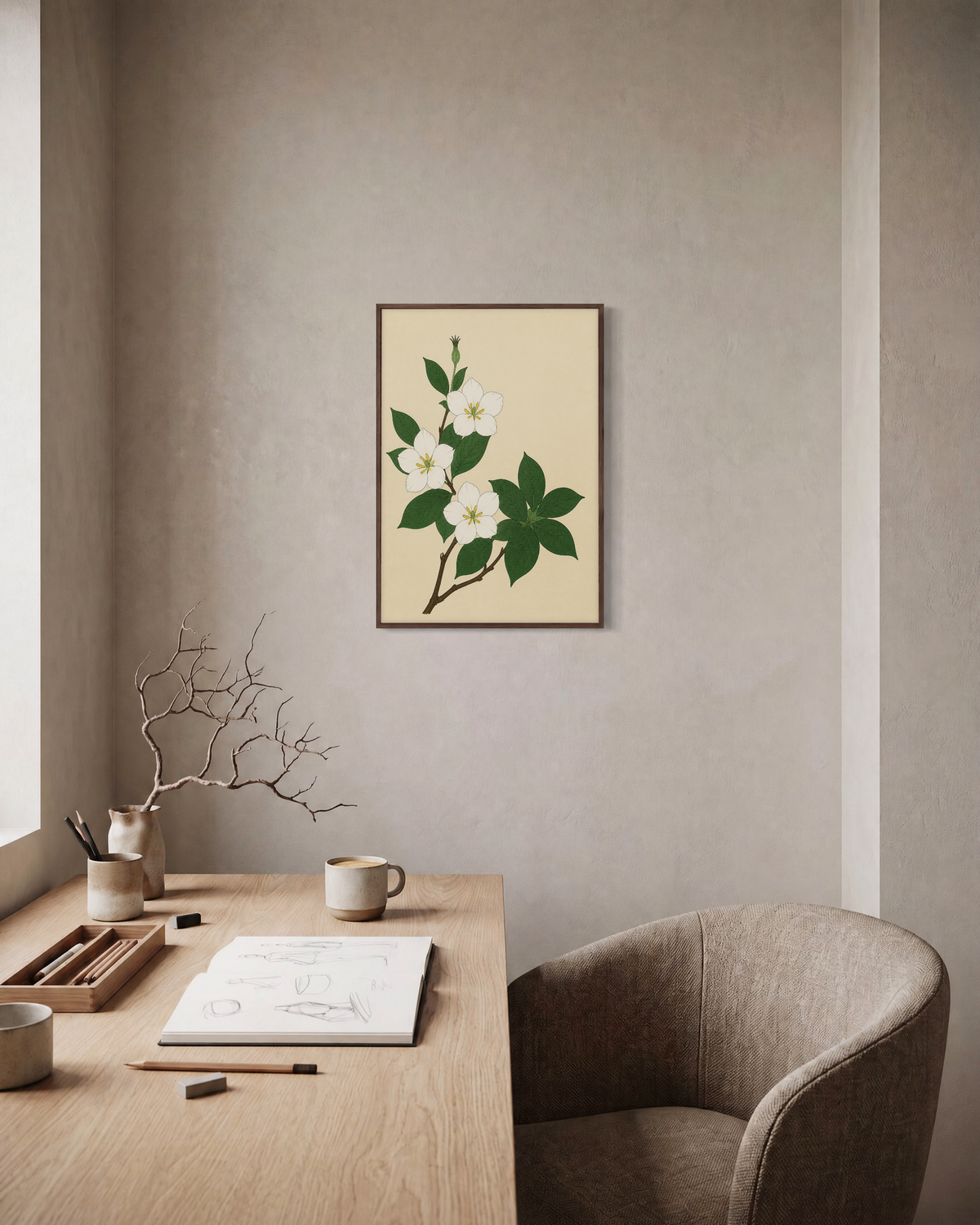 Branch in Bloom botanical illustration prints: unframed print is shown framed for styling in a home office; frame not included