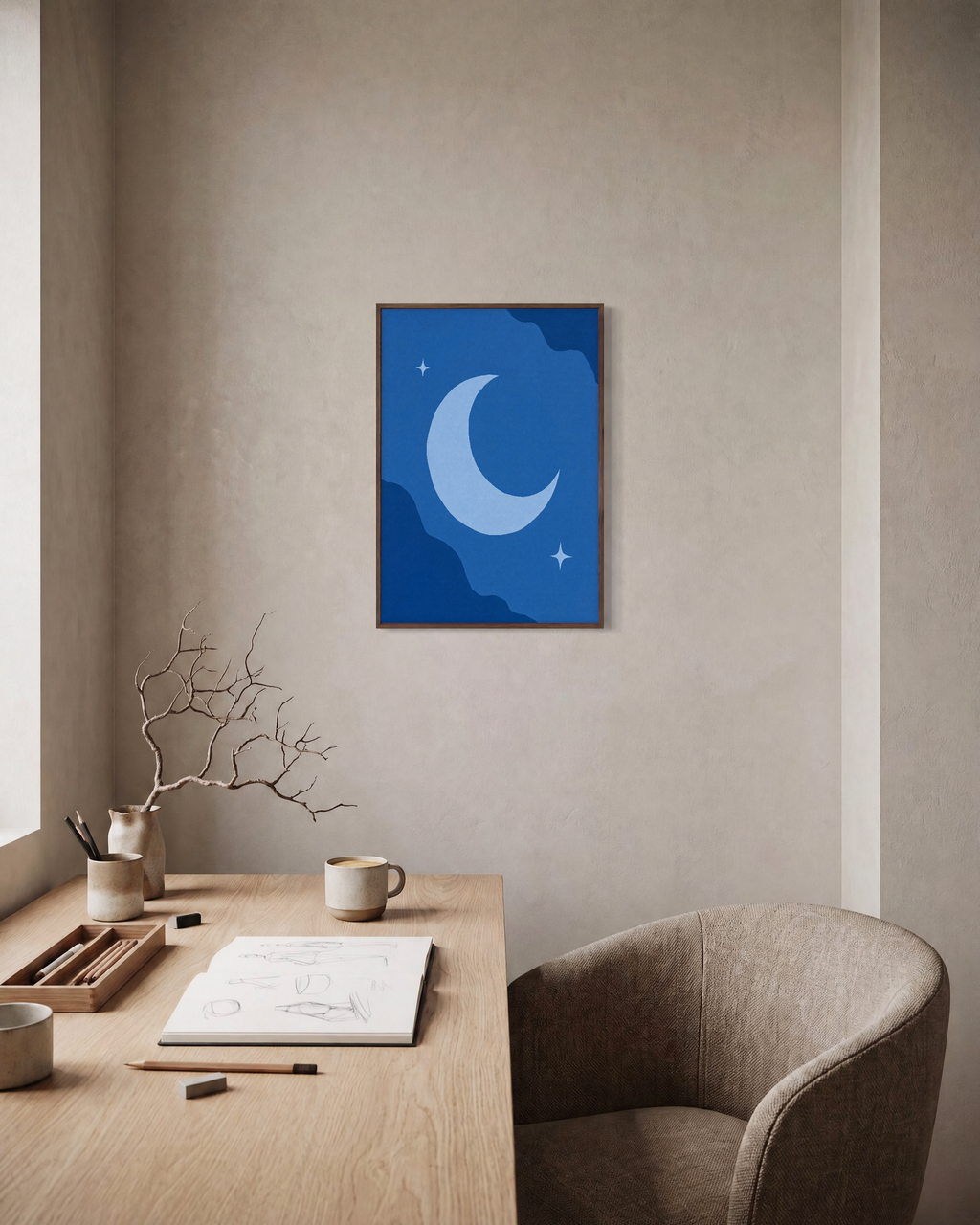 Blue Crescent unframed print is shown framed for styling in a home office; frame not included