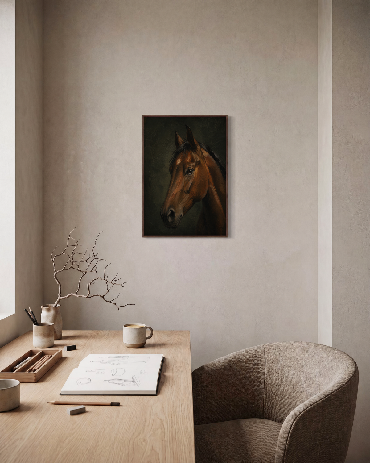 Turning Bay bay horse print: unframed print is shown framed for styling in a home office; frame not included