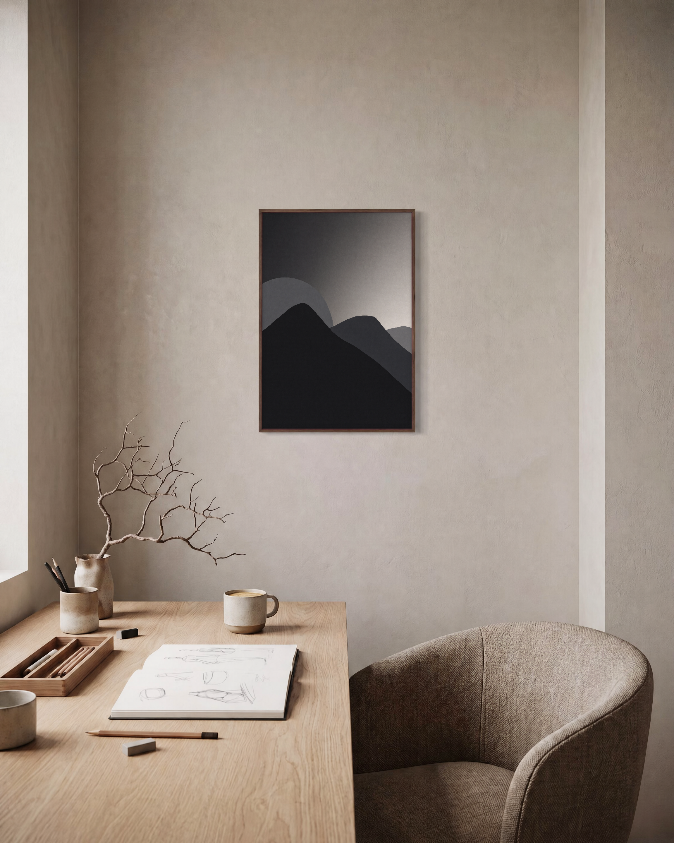 Charcoal Ridges unframed print is shown framed for styling in a home office; frame not included