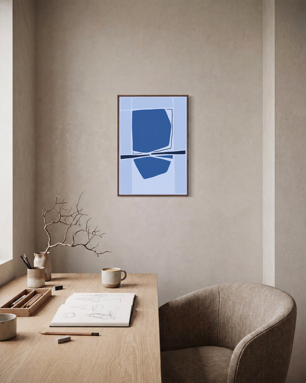 Azure Reflection unframed print is shown framed for styling in a home office; frame not included