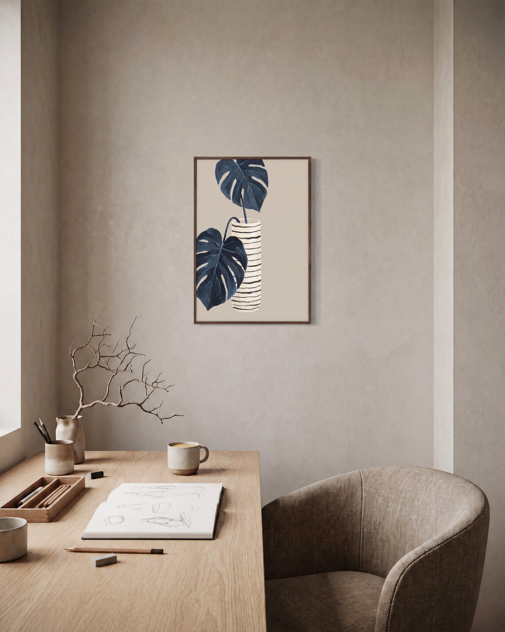 Stripe Pot Leaves Studio edition unframed print is shown framed for styling in a home office; Frame not included