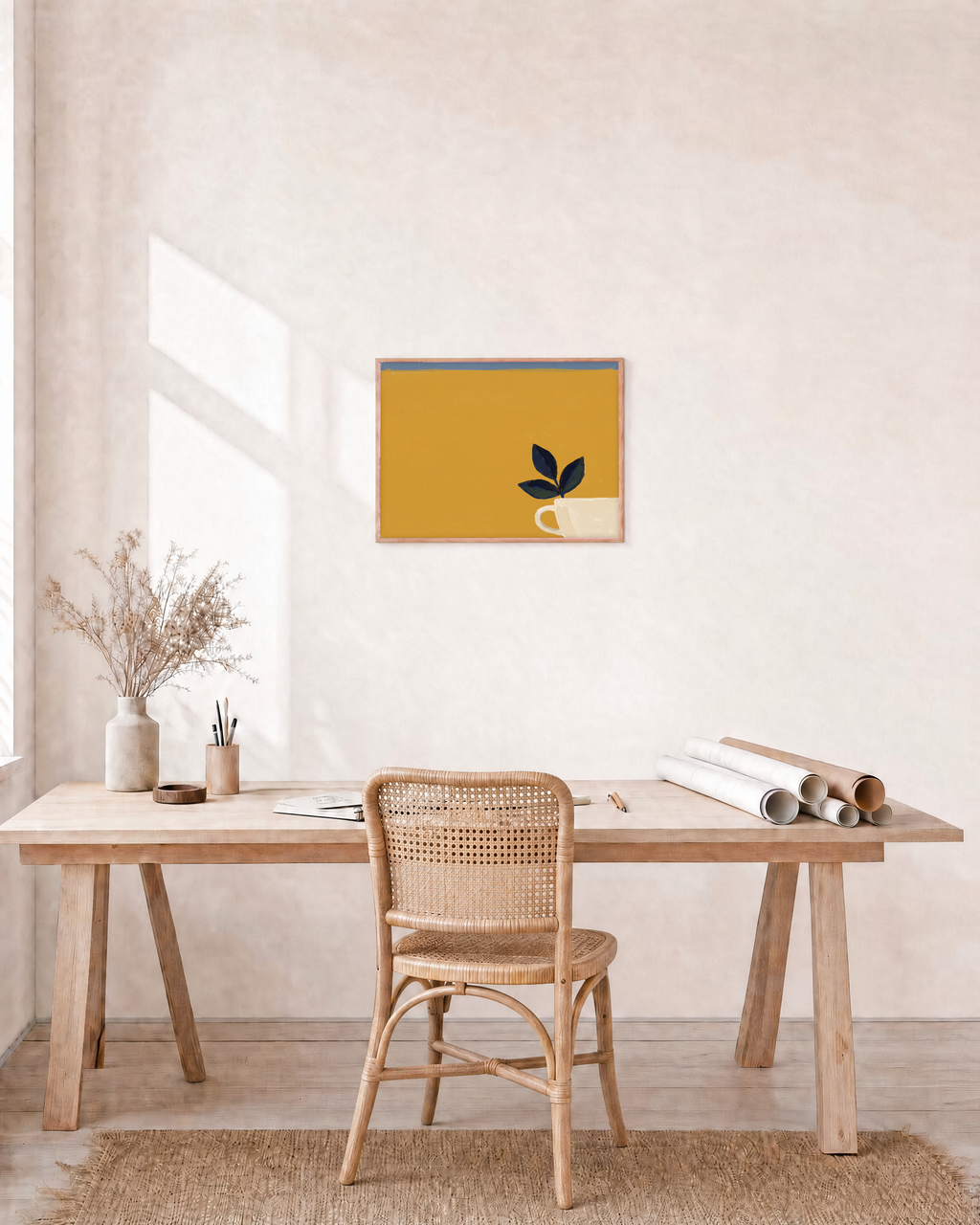 Mustard Leaf Pot Studio edition unframed print is shown framed for styling in a home office; Frame not included