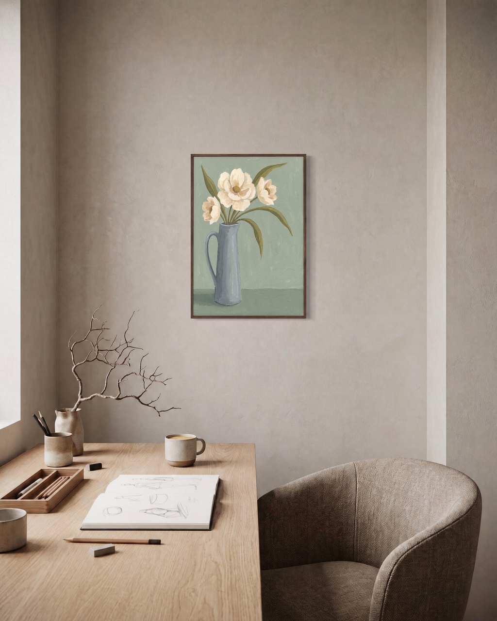 Ivory Pitcher Blooms Studio edition unframed print is shown framed for styling in a home office; Frame not included